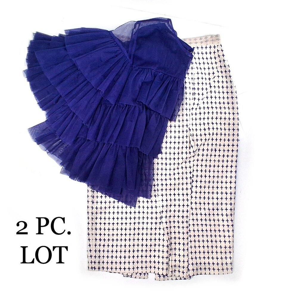 Jasmin Shokrian Silk Pencil Skirt Blue Embroidered Plus Sign 2 Piece Lot SZ 10 L